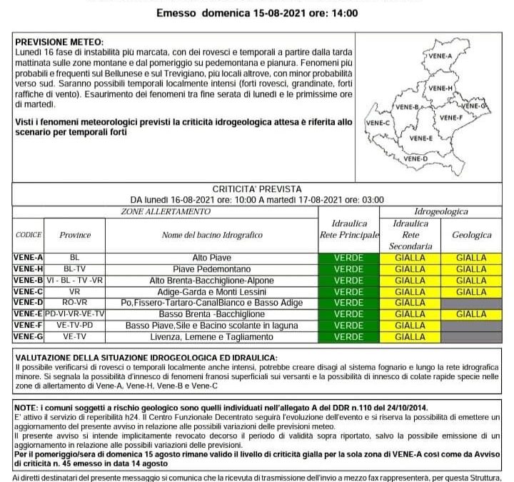 Veneto: AVVISO di criticità idrogeologica