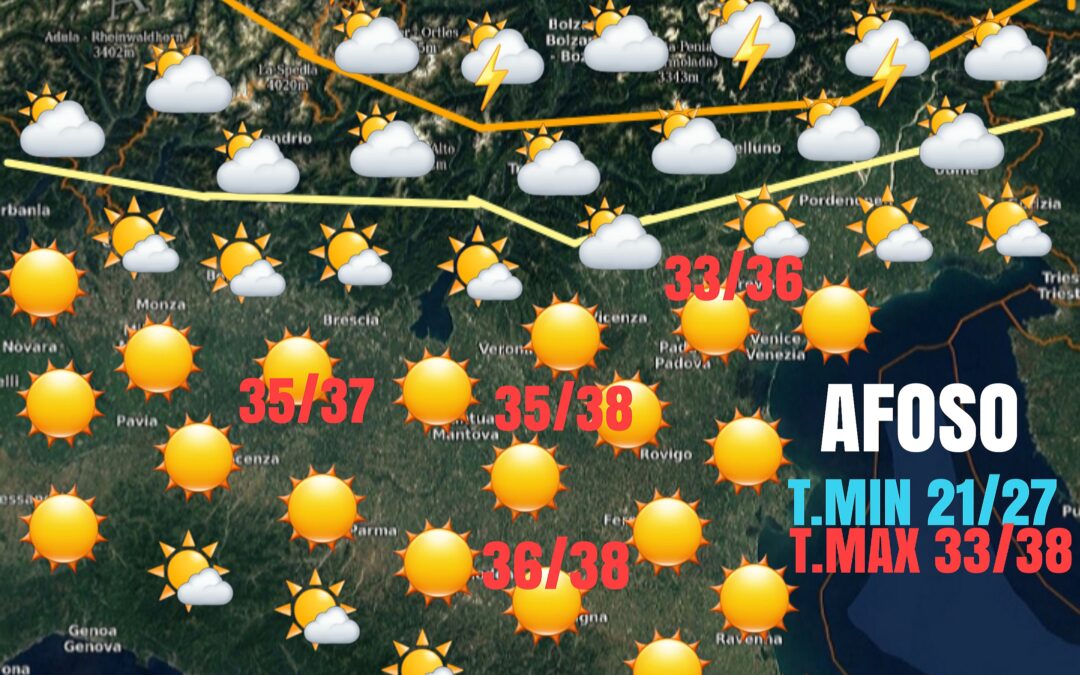 FERRAGOSTO: ANCORA CALDO MOLTO INTENSO. LUNEDÍ ANCORA MOLTO CALDO E AFA MA DALLA SERATA PRIMI “CAMBIAMENTI”.