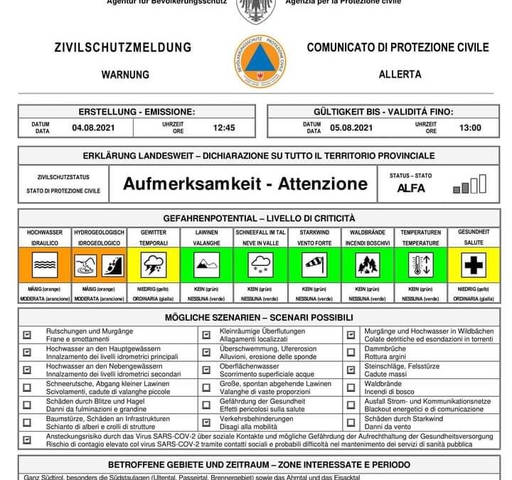 Dalla protezione civile di Bolzano arriva l’allerta