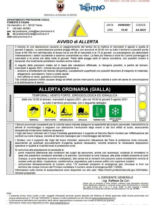 Dalla protezione civile arriva l’allerta in Trentino