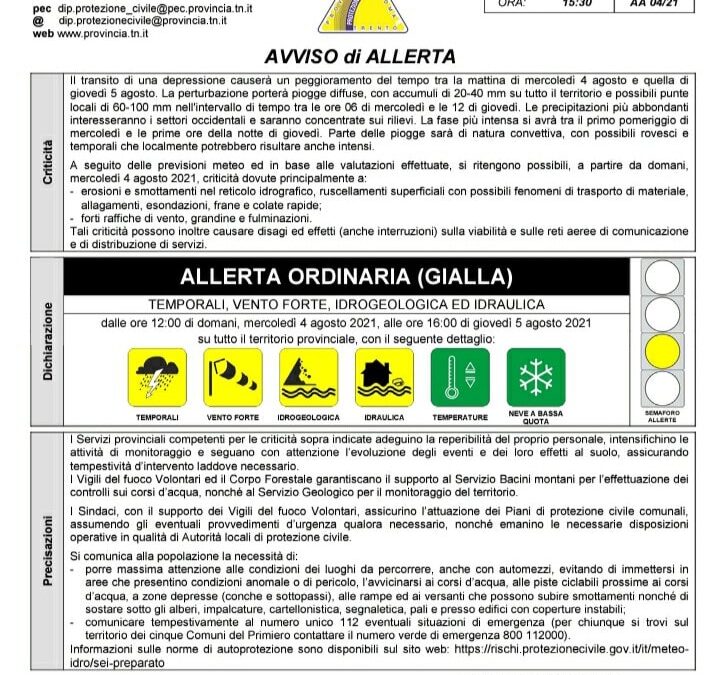 Dalla protezione civile arriva l’allerta gialla in Trentino