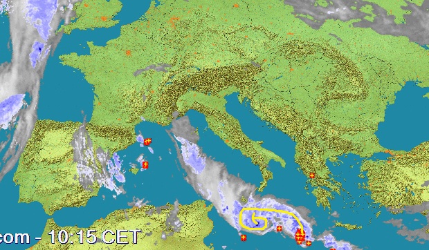 Dal radar notiamo il ciclone in formazione nel Mediterraneo