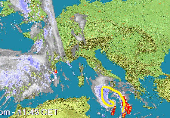 Dal radar possiamo notare la rotazione del Medicane