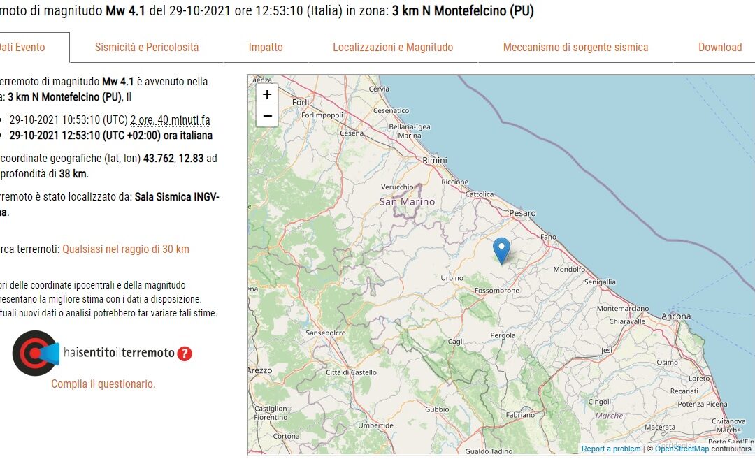 Forte terremoto nelle Marche, epicentro a Montefelcino