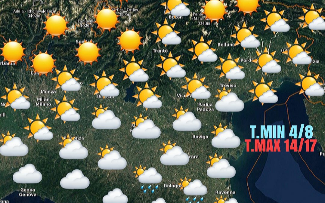 Domenica a tratti variabile. Lunedì veloce peggioramento con piogge deboli, moderate e calo termico.