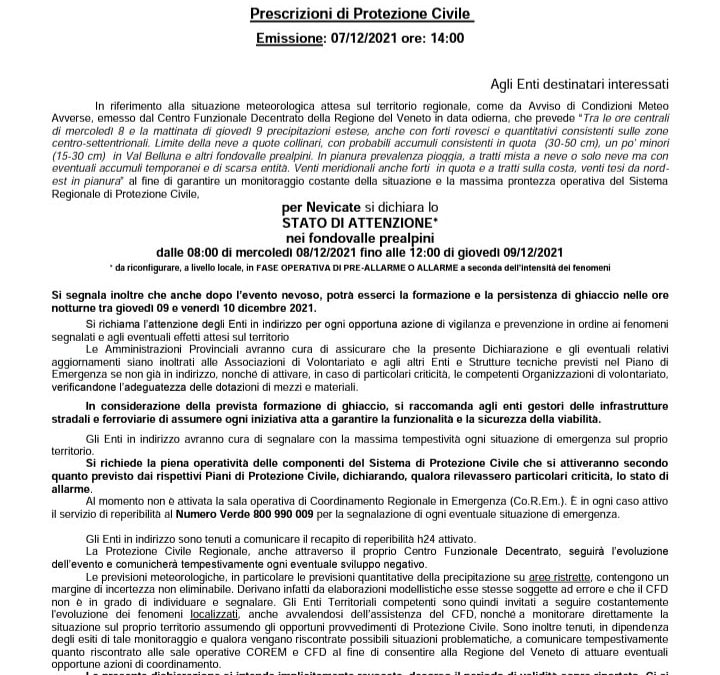 Dalla protezione civile arriva l’allerta in Veneto