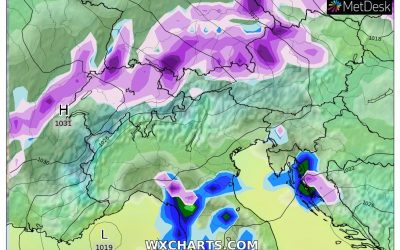 Le piogge e le nevicate previste per domani, giovedì 20 Gennaio
