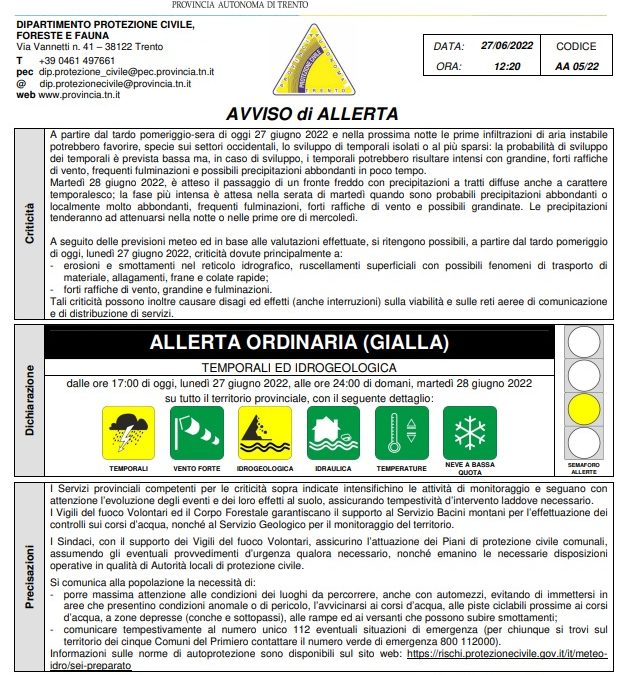 Allerta della protezione civile in Trentino