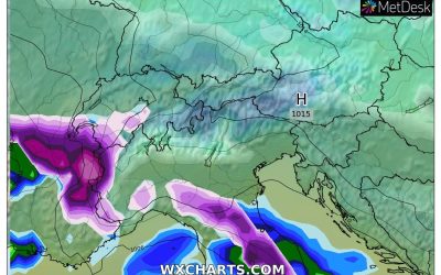 Le piogge e le nevicate previste per domani, martedì 13 Dicembre