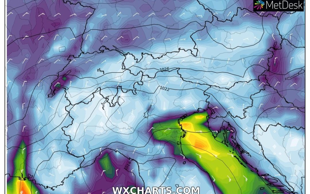 Il vento previsto per lunedì 23 Gennaio