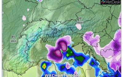 Le piogge e nevicate previste per domani, giovedì 19 Gennaio