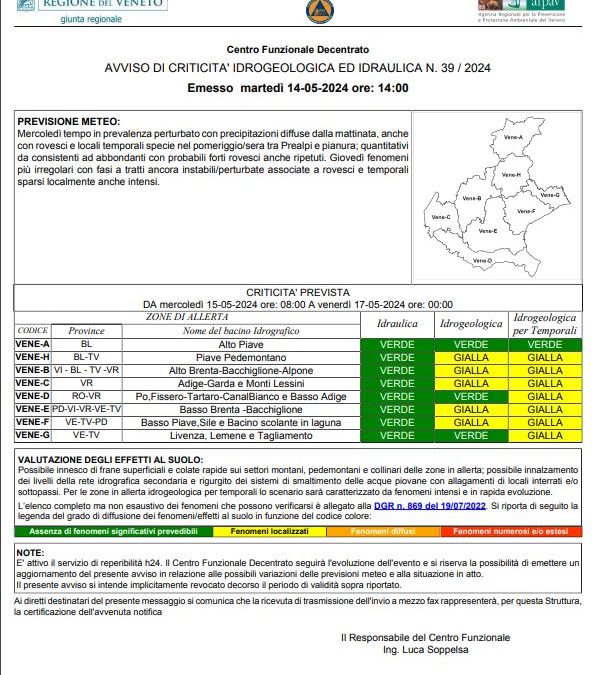 Allerta regione Veneto per Mercoledì 15 Maggio